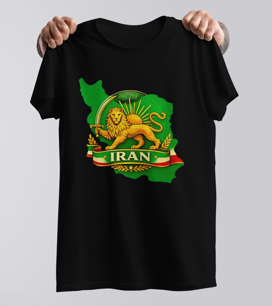 Iran Lion And Sun Emblem On Map Of Iran With National T-Shirt