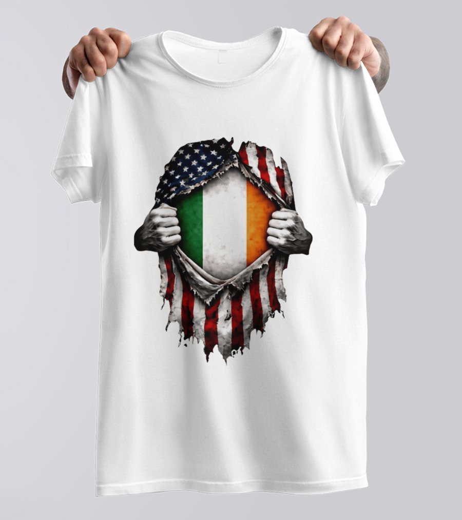 Irish Inside American Flag Tear With Ireland Flag T-Shirt