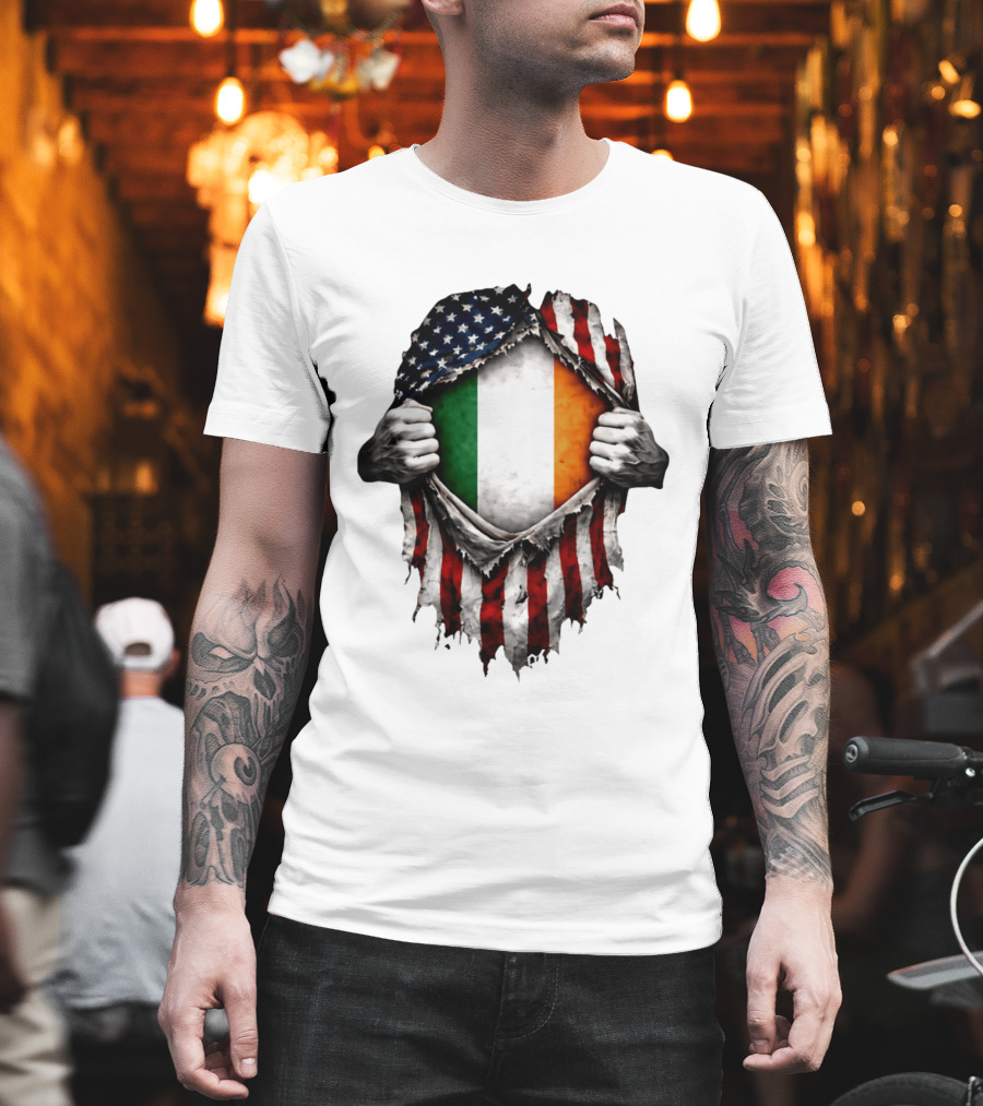 Irish Inside American Flag Tear With Ireland Flag T-Shirt