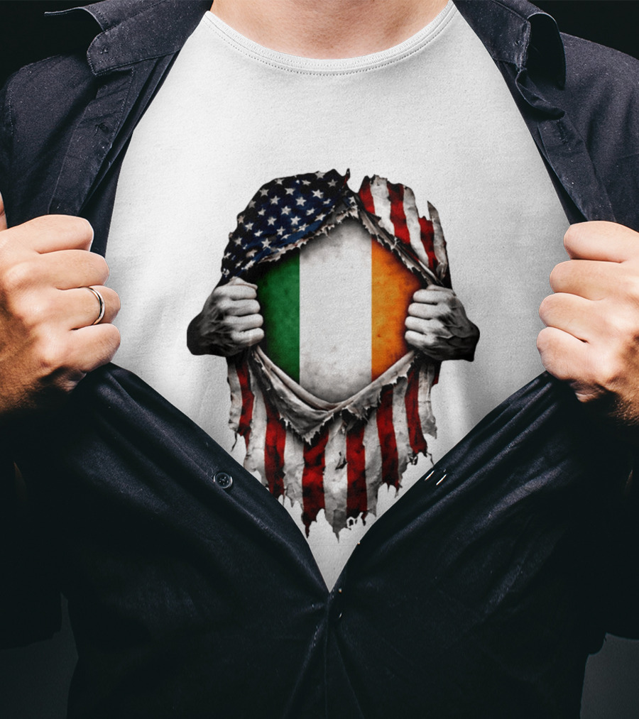 Irish Inside American Flag Tear With Ireland Flag T-Shirt