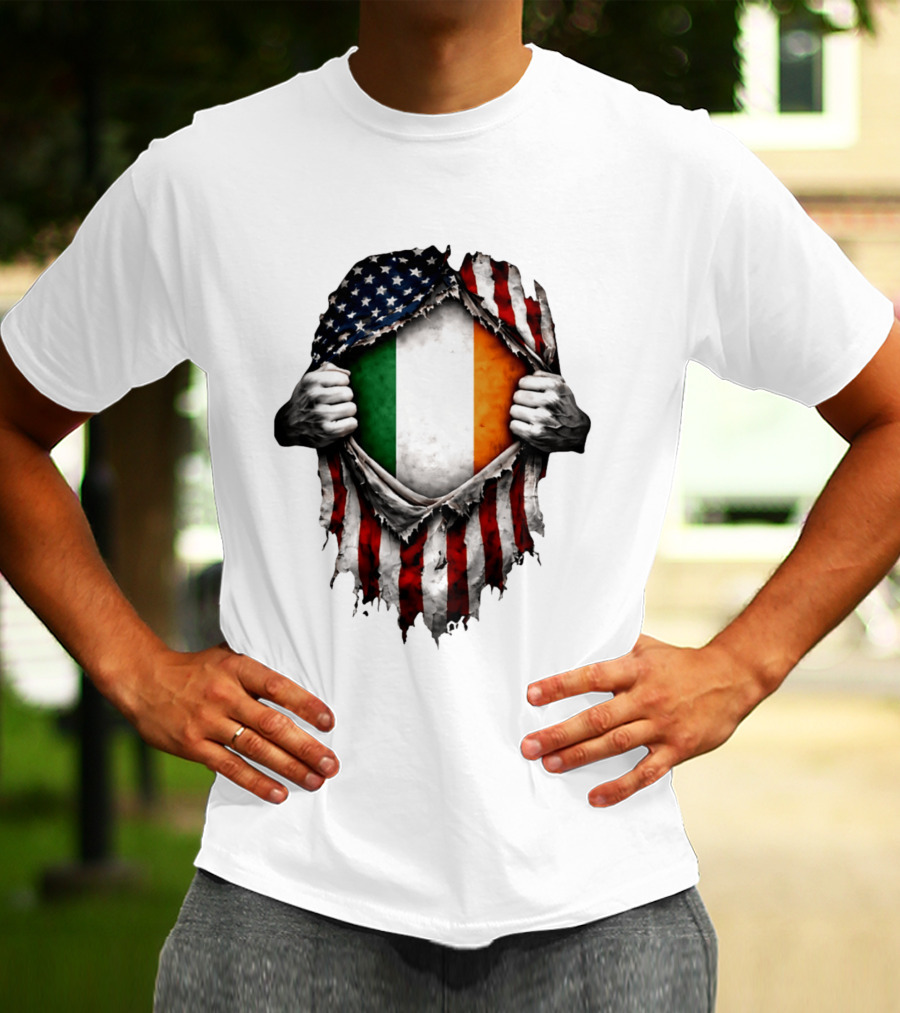 Irish Inside American Flag Tear With Ireland Flag T-Shirt