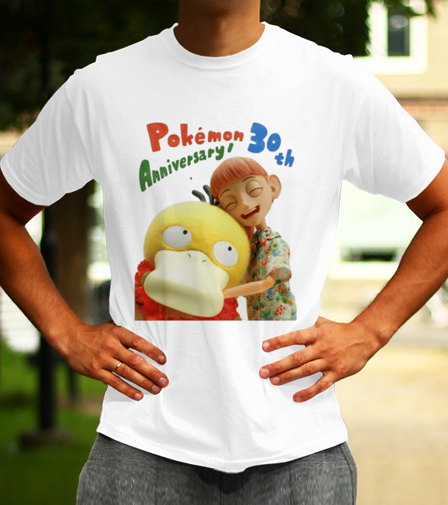 Pokémon 30th Anniversary Pokémon Concierge Psyduck Hugging Celebration T-Shirt