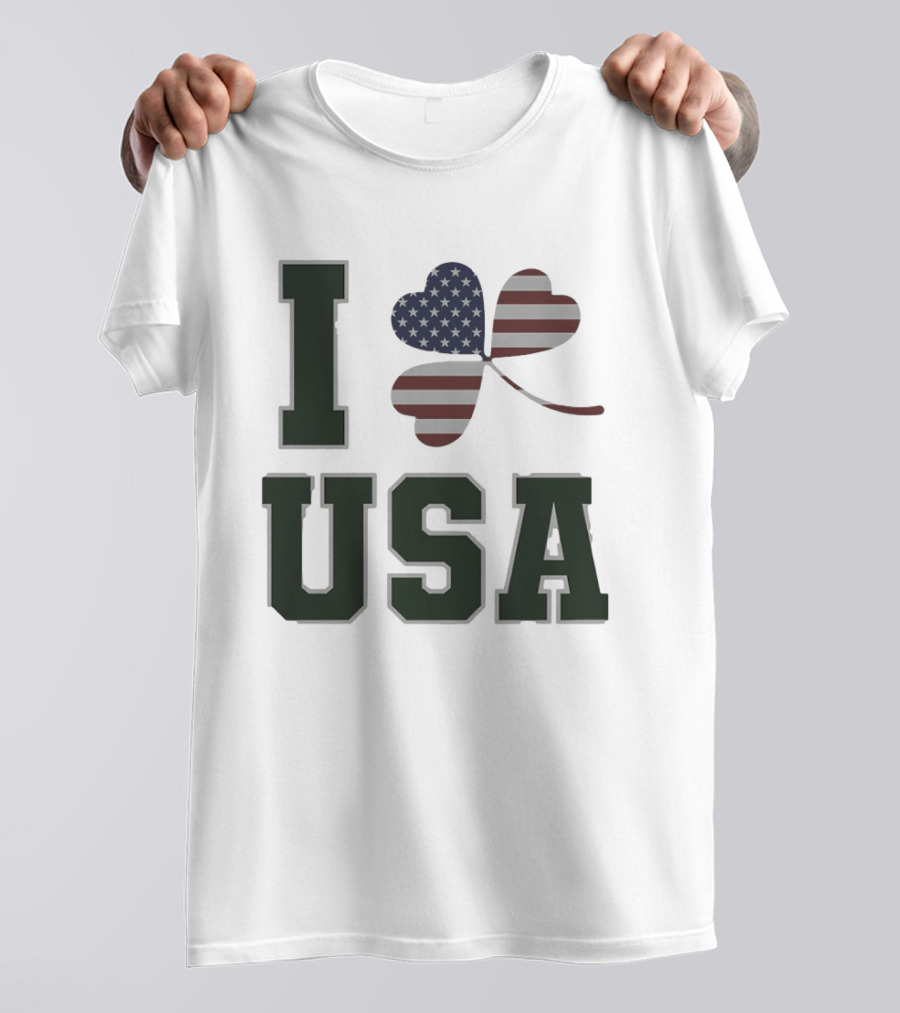 I Love USA St Patrick's Day Shamrock American Flag Heart T-Shirt