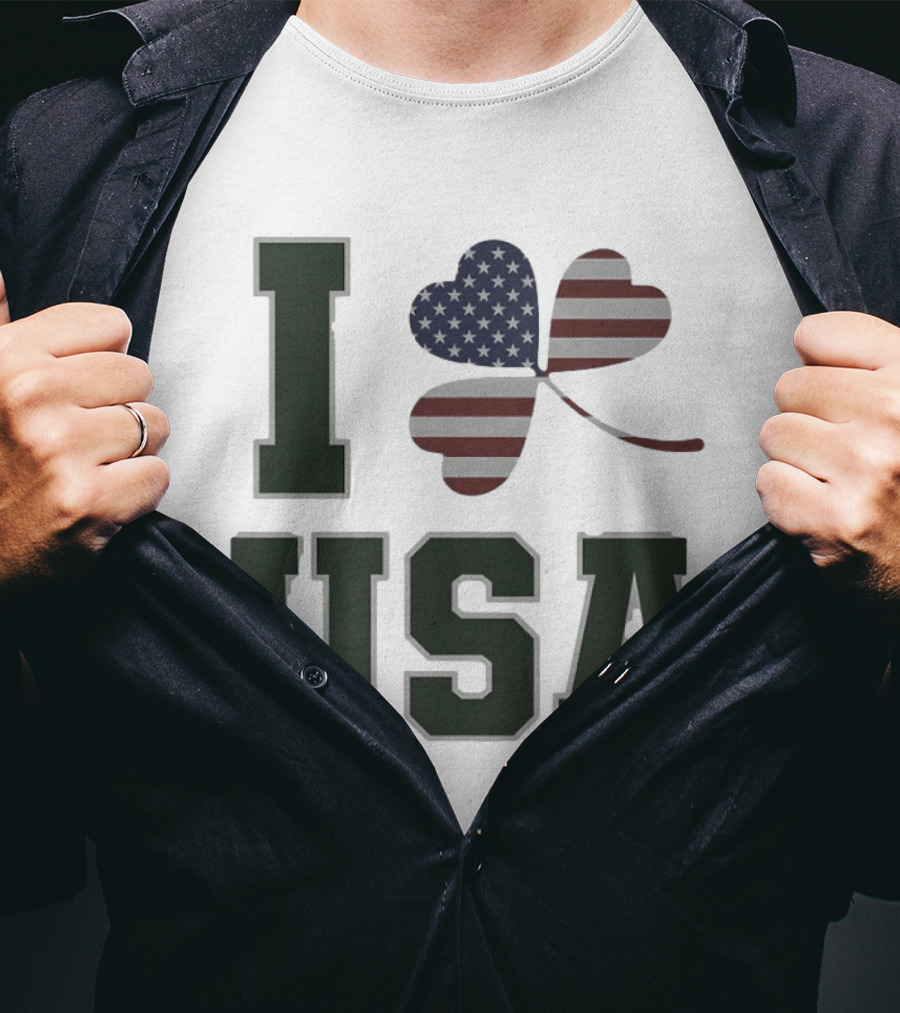 I Love USA St Patrick's Day Shamrock American Flag Heart T-Shirt