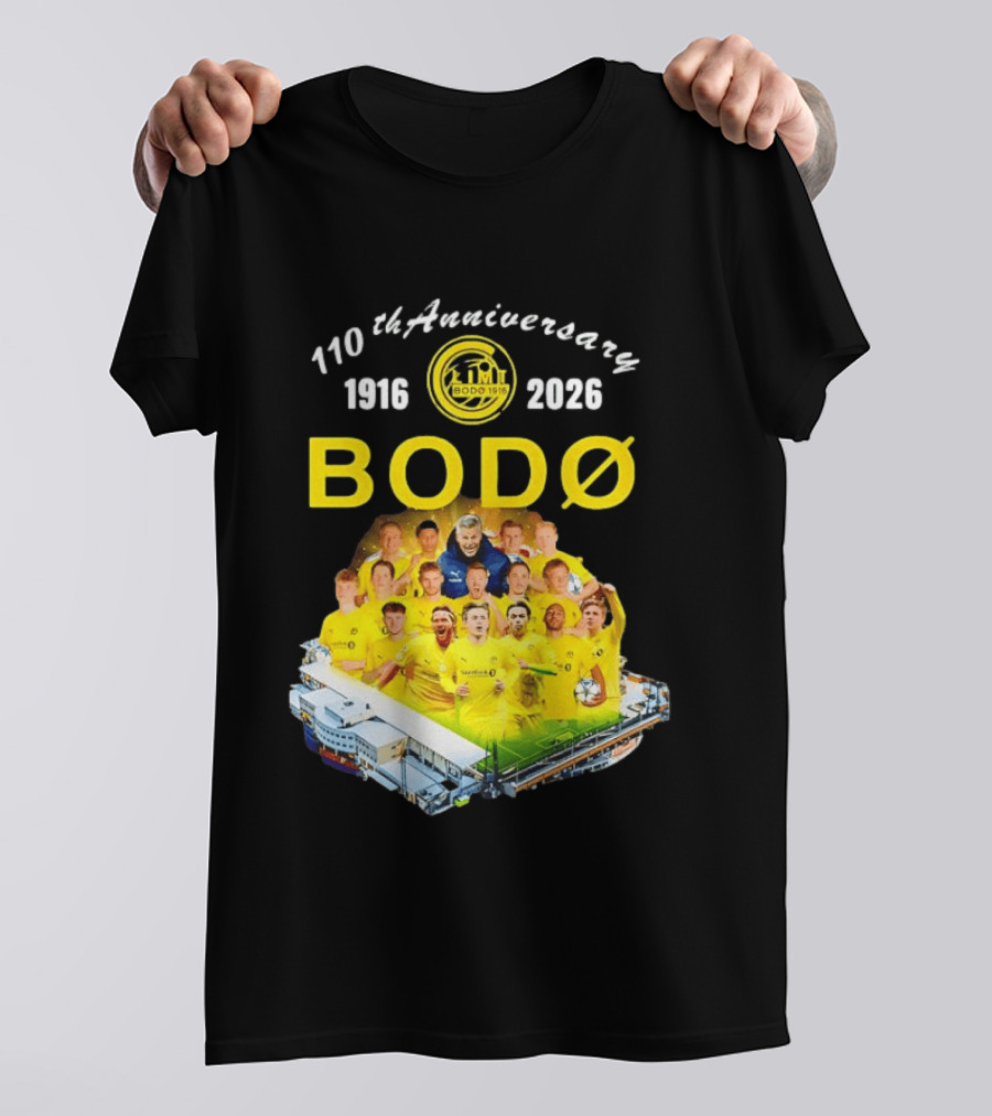 Bodø Glimt 110th Anniversary 1916 2026 Aspmyra Stadion Collage Featuring Players And Signatures T-Shirt
