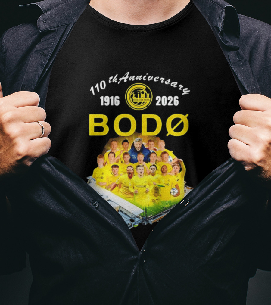 Bodø Glimt 110th Anniversary 1916 2026 Aspmyra Stadion Collage Featuring Players And Signatures T-Shirt