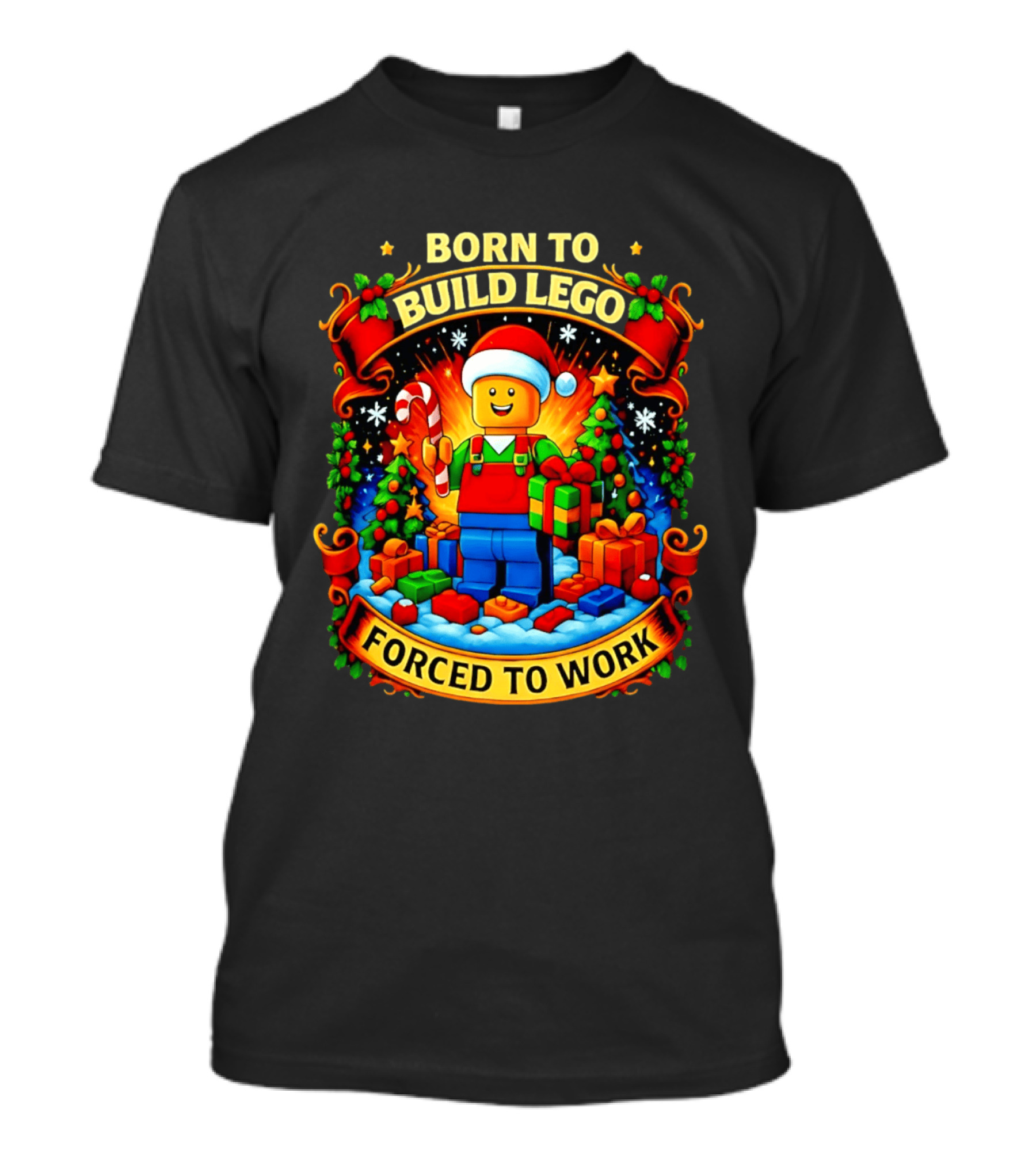 Santa Lego Born To Build Lego Forced To Work Christmas Cartoon T-Shirt