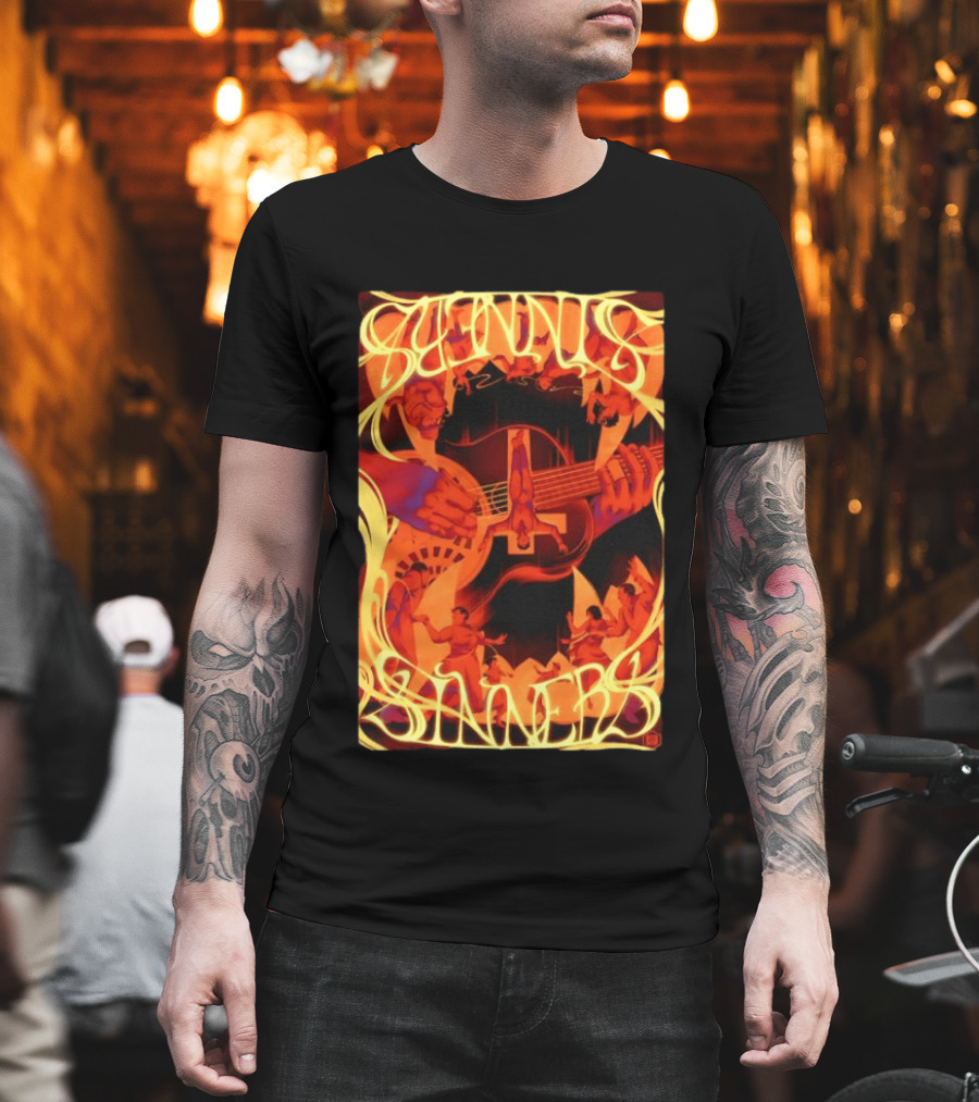 Sinners Pecadores Upside Down Guitar Person T-Shirt
