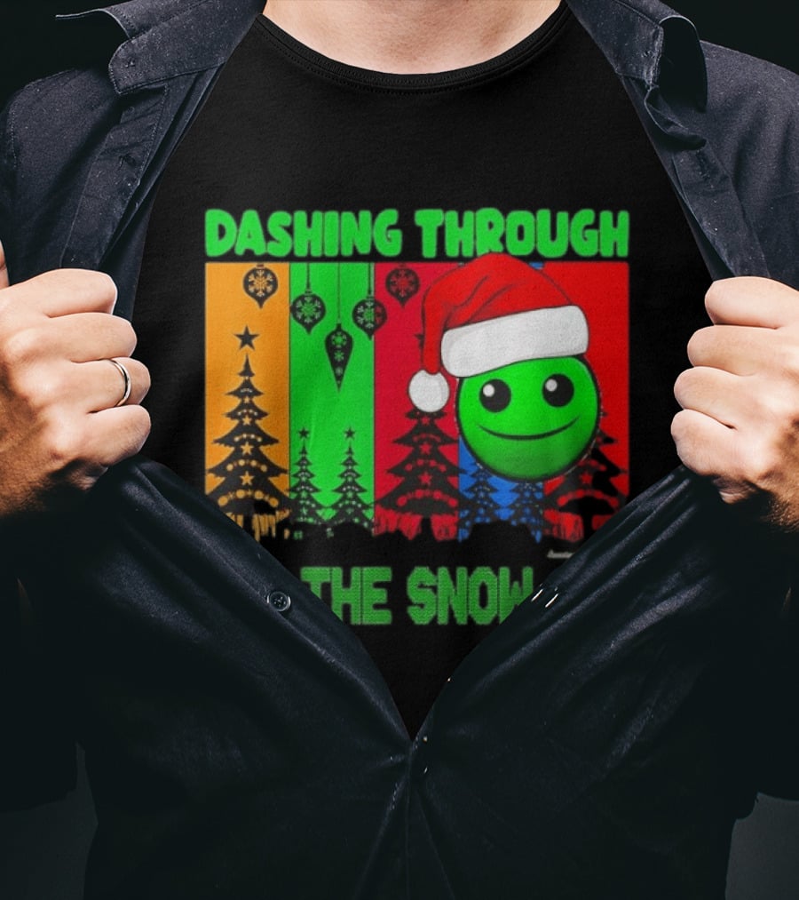 Dashing Through The Snow Emoji Santa Hat Christmas Trees Multicolor Snowflakes T-Shirt