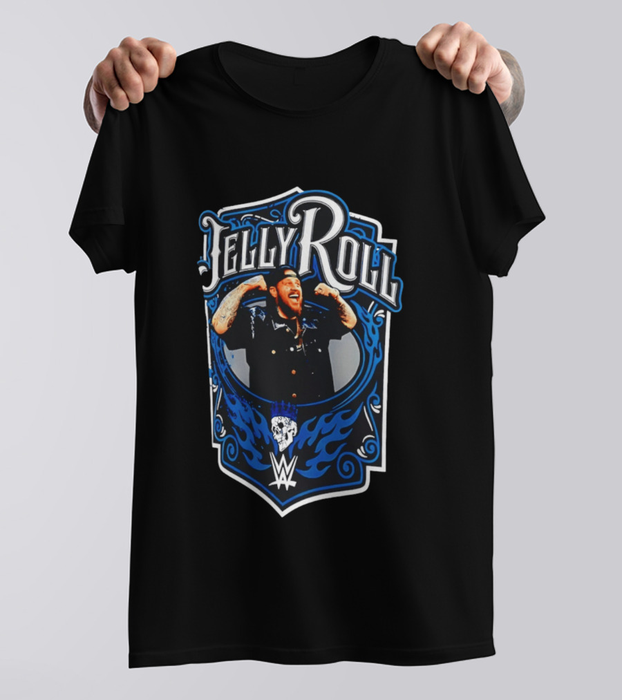 Jelly Roll WWE Superstar Illustration With Flaming Skull And Tattooed Arms T-Shirt