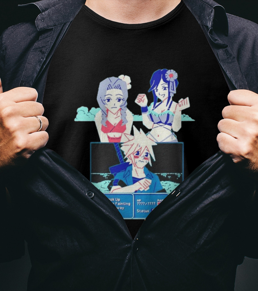 Cloud Strife Panic Aerith Tifa Final Fantasy VII Battle Scene Pixel T-Shirt