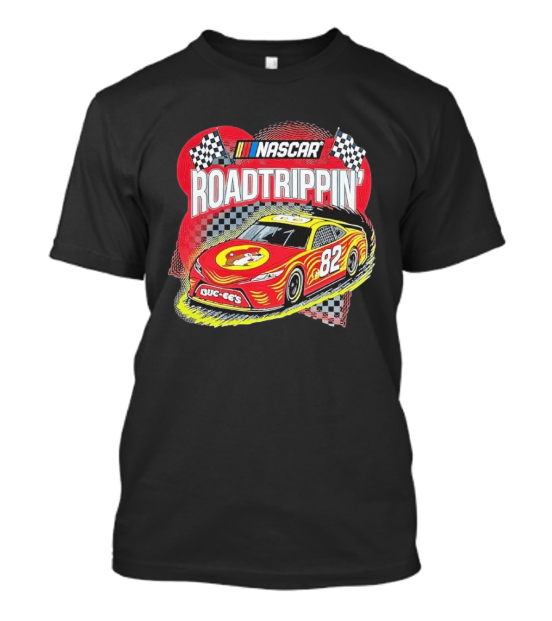 NASCAR Road Trippin' Buc Ee's 82 Racing Car Checkered Flags T-Shirt