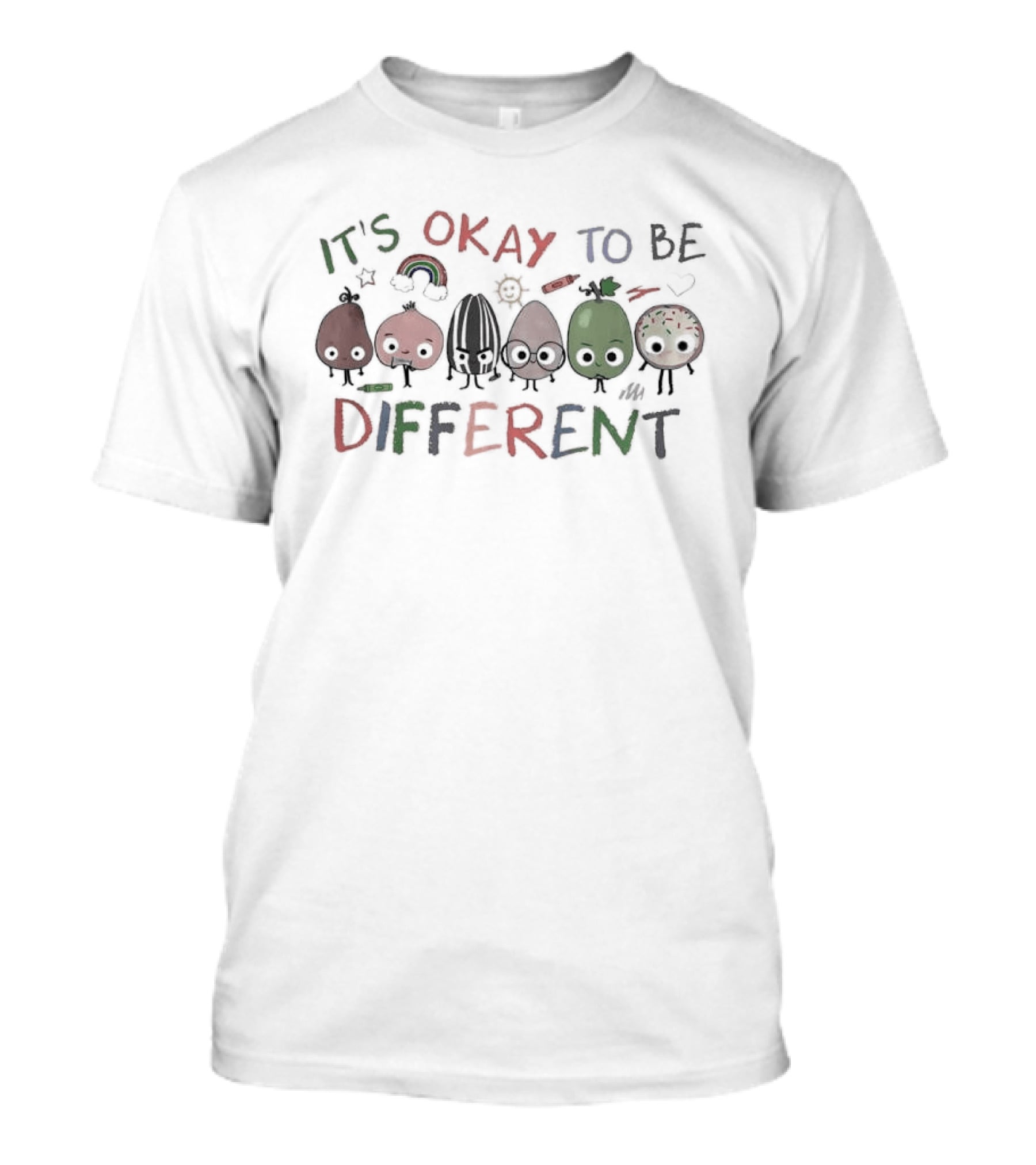 It's Okay To Be Different Autism Awareness Nuts Fruits Sketch With Rainbow And Smiley Faces T-Shirt