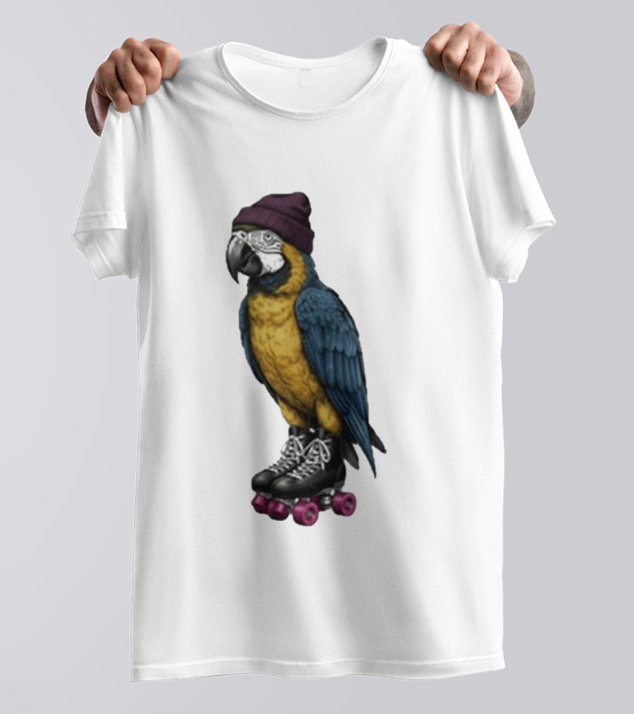 Nice Roller Skating Parrot With Hat And Colorful Feathers T-Shirt
