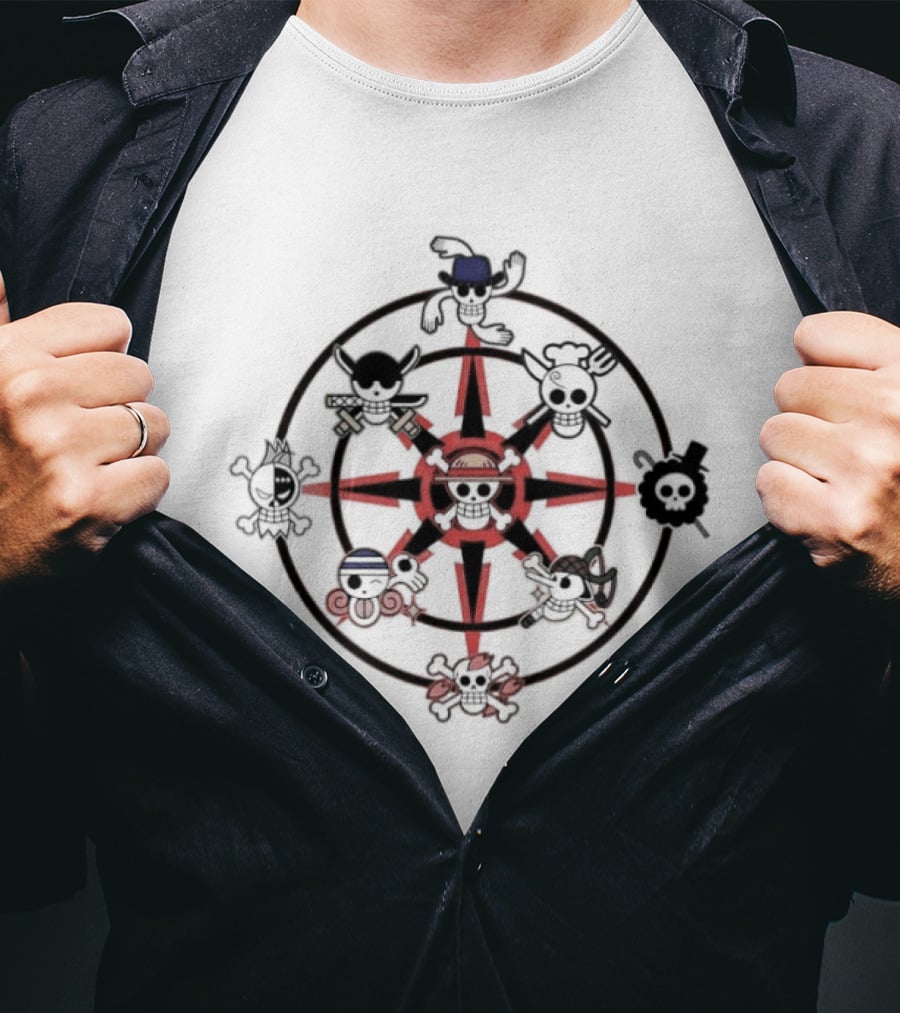 One Piece Straw Hat Pirate Crew Jolly Roger Wheel T-Shirt