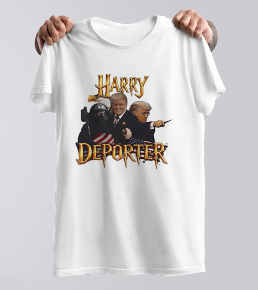 Harry Deporter Trump Magic ICE Badge Wand American Flag T-Shirt