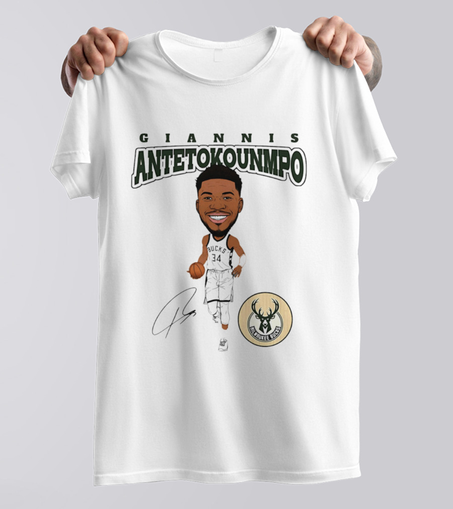 Giannis Antetokounmpo Milwaukee Bucks Hardwood Comic Caricature Basketball Signature 34 T-Shirt