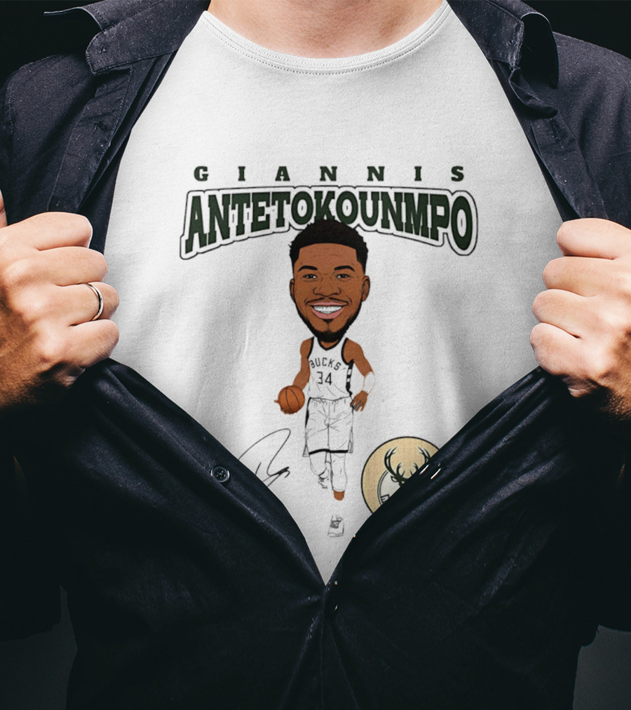 Giannis Antetokounmpo Milwaukee Bucks Hardwood Comic Caricature Basketball Signature 34 T-Shirt
