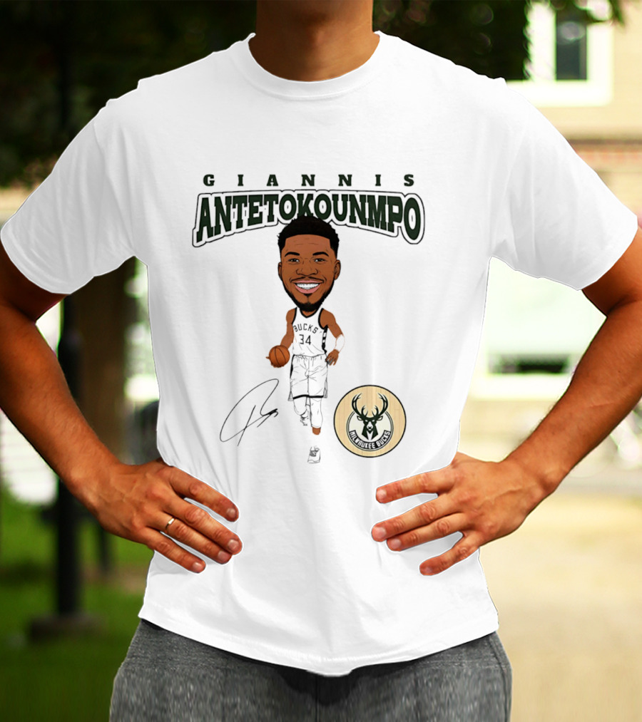Giannis Antetokounmpo Milwaukee Bucks Hardwood Comic Caricature Basketball Signature 34 T-Shirt