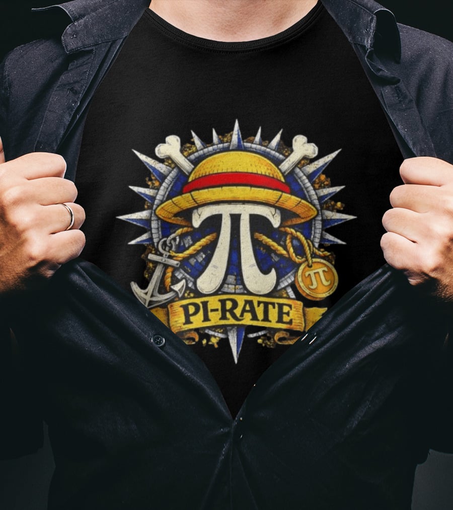 One Piece Pirate Straw Hat Pi Symbol Nautical Anchor Crossbones Medallion T-Shirt