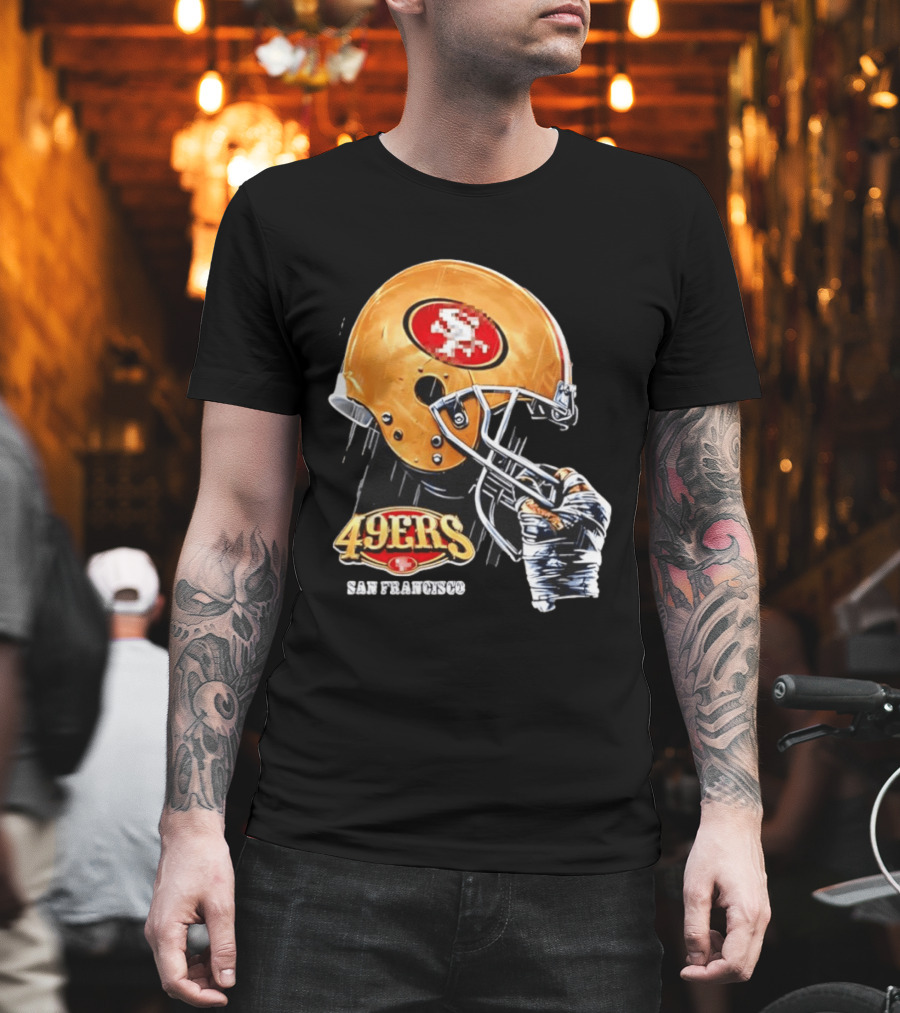 San Francisco 49ers Helmet Held By Gloved Hand T-Shirt