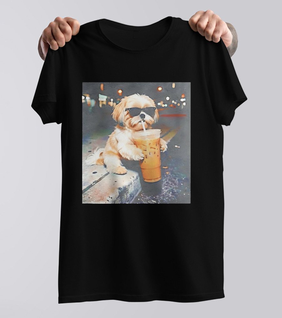 Shih Tzu Enjoying Iced Coffee At Night With Sunglasses T-Shirt