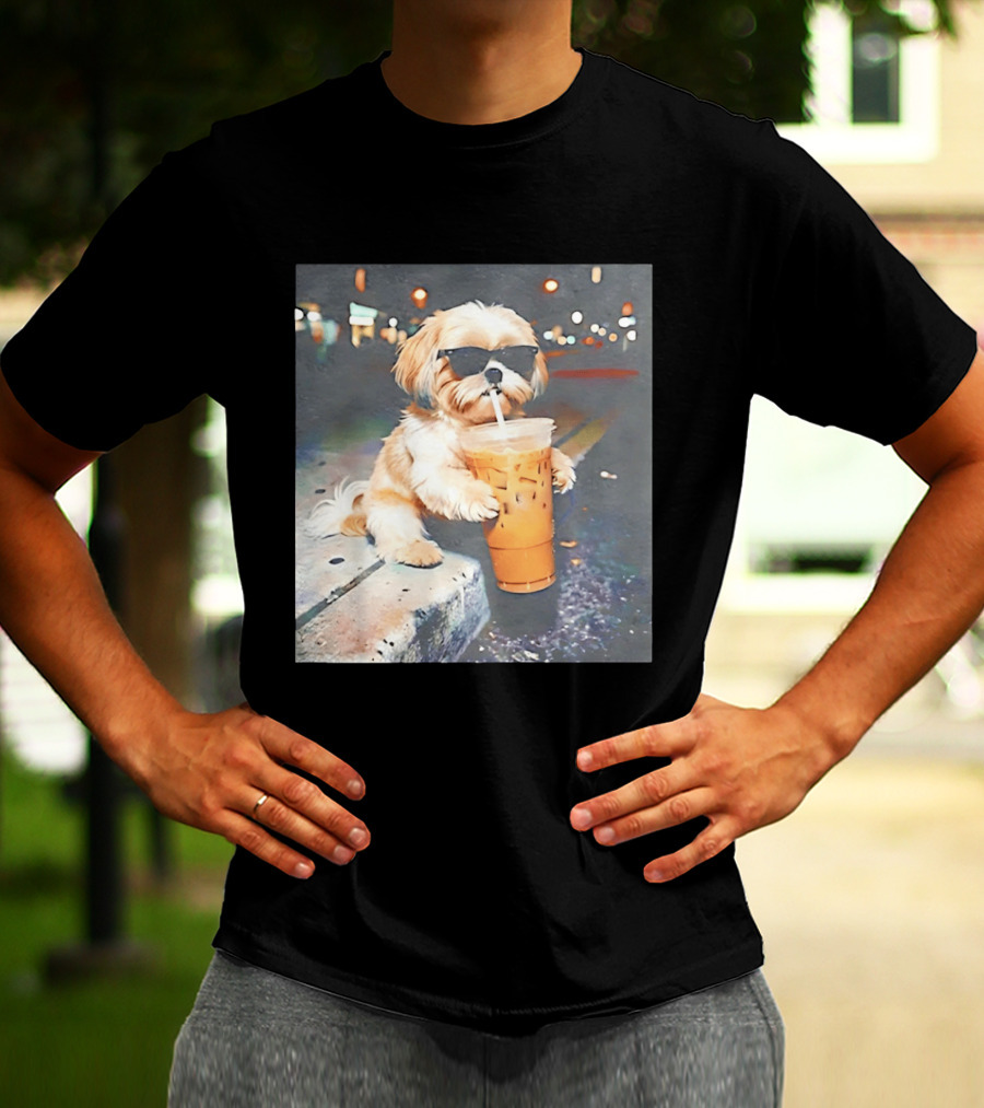 Shih Tzu Enjoying Iced Coffee At Night With Sunglasses T-Shirt