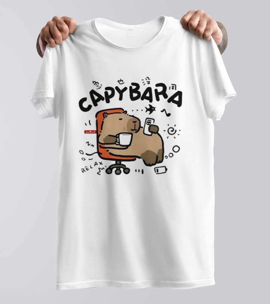 Capybara Relaxing On Office Chair With Coffee And Phone T-Shirt