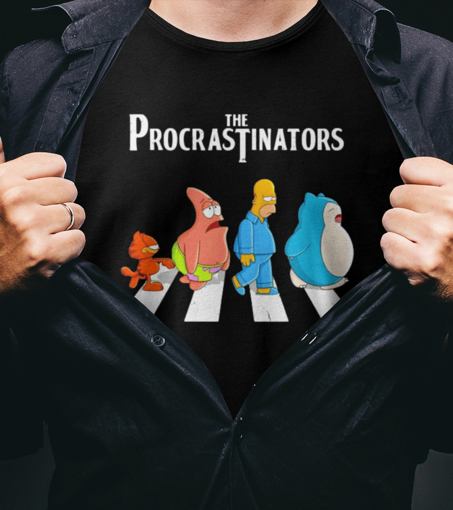 The Procrastinators Cartoon Abbey Road Parody With Iconic Characters Crossing T-Shirt