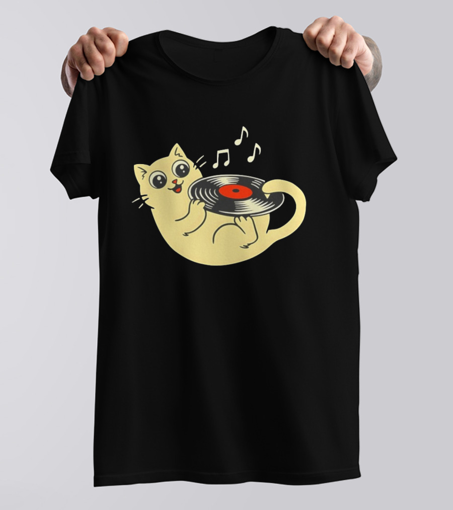 Turntable Cat Spinning Vinyl Record With Musical Notes T-Shirt
