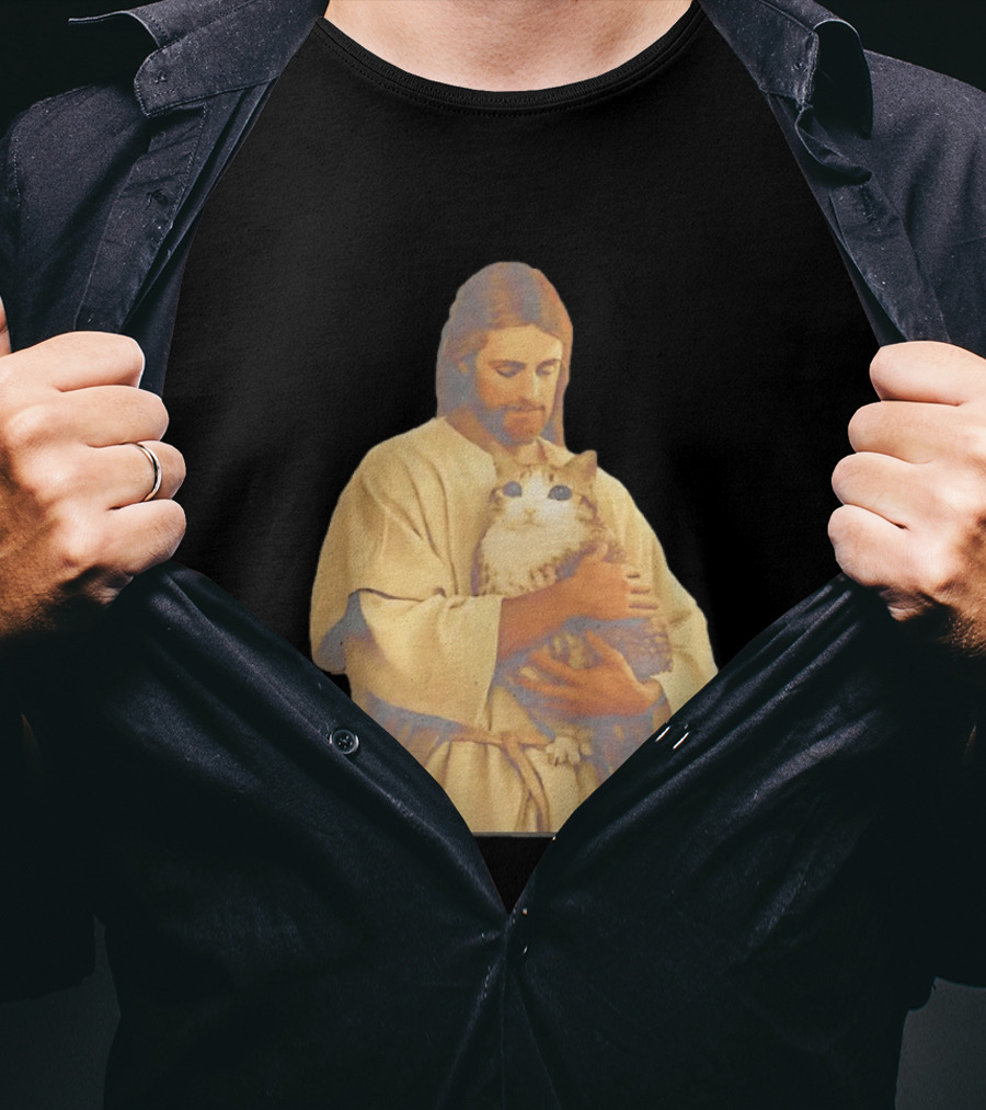Jesus Embracing Chubby Cat T-Shirt