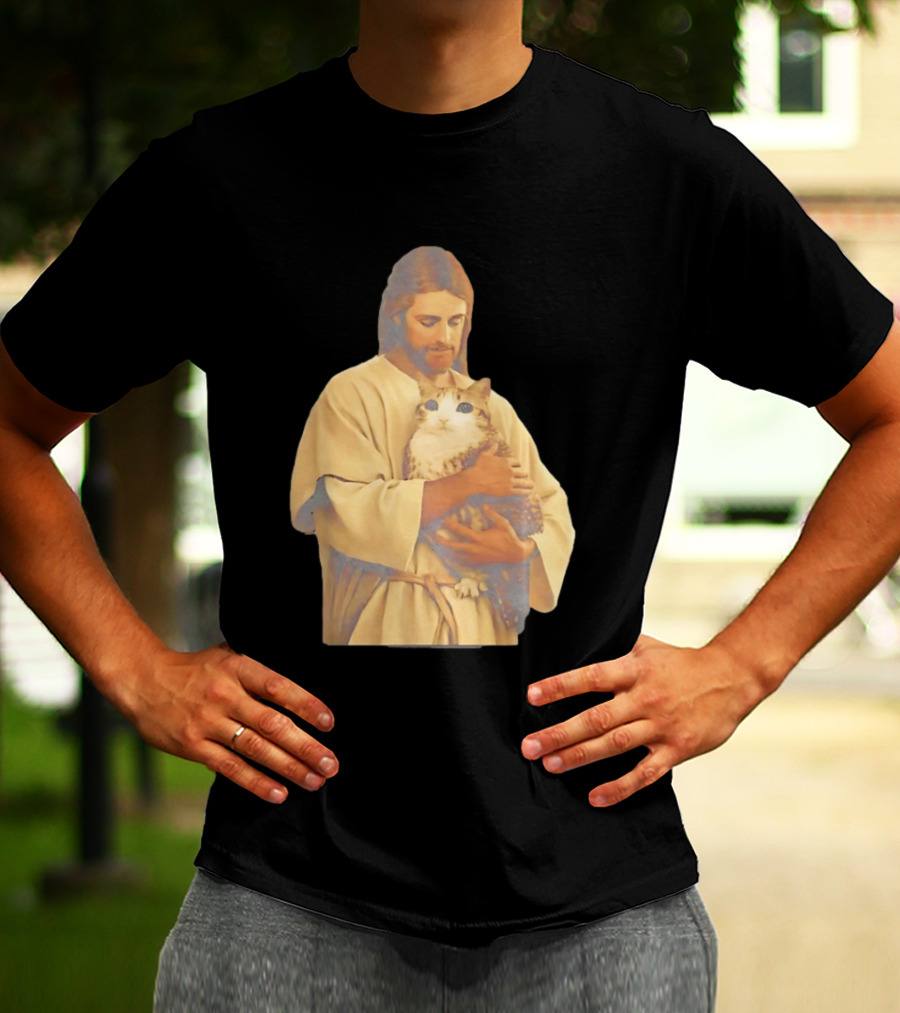 Jesus Embracing Chubby Cat T-Shirt
