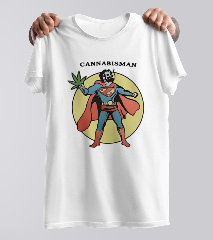 Cannabisman Superman Smoking Cannabis Holding Leaf T-Shirt