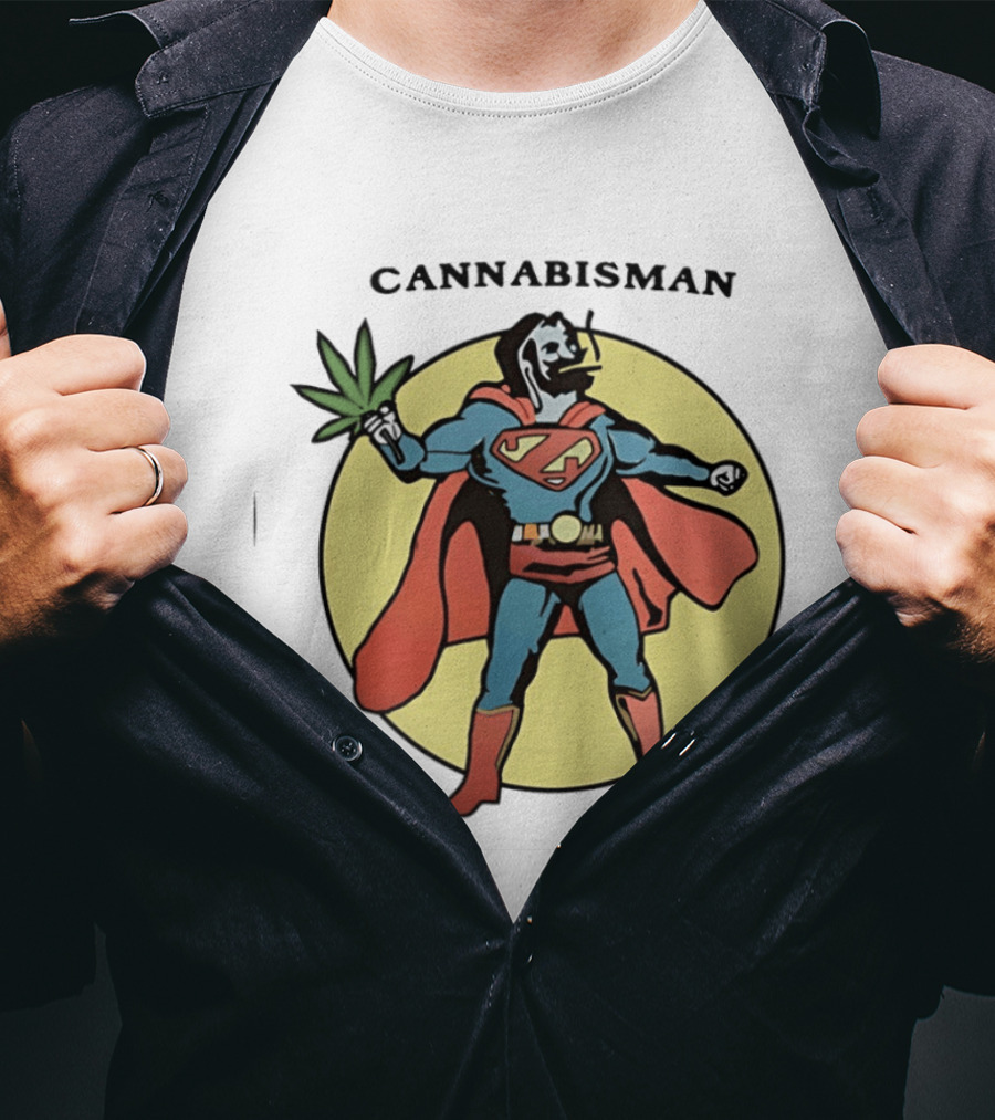 Cannabisman Superman Smoking Cannabis Holding Leaf T-Shirt