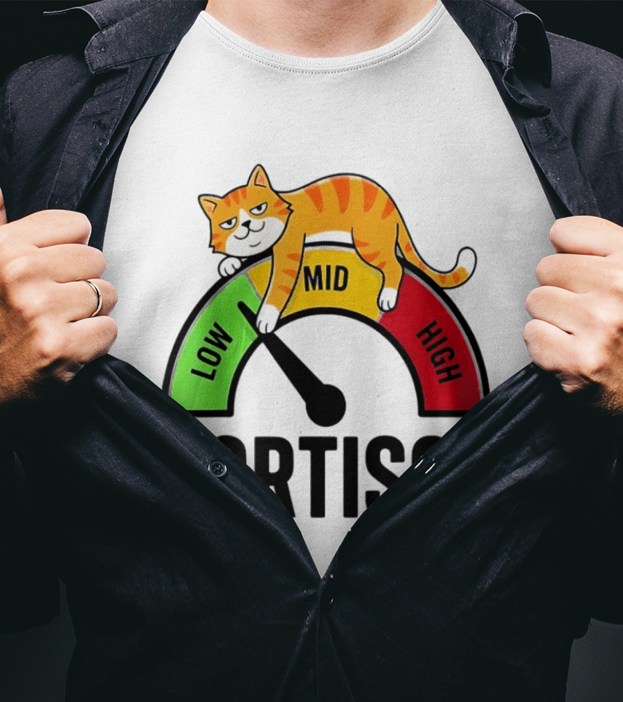 Cat Low Mid High Cortisol Level Meter With Relaxed Orange Cat T-Shirt