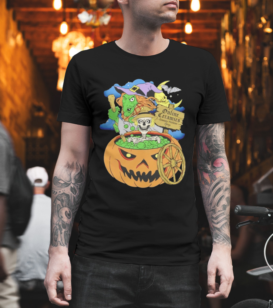 Online Ceramics Sleepy Hollow Ohio Witch Skeleton Pumpkin Cauldron Scene T-Shirt