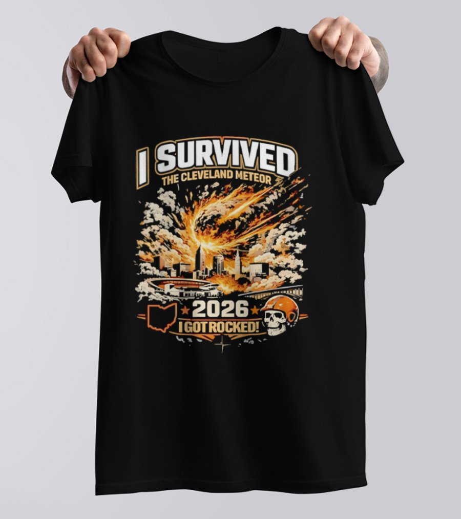 I Survived The Cleveland Meteor 2026 I Got Rocked Explosion Skull Helmet City Skyline T-Shirt