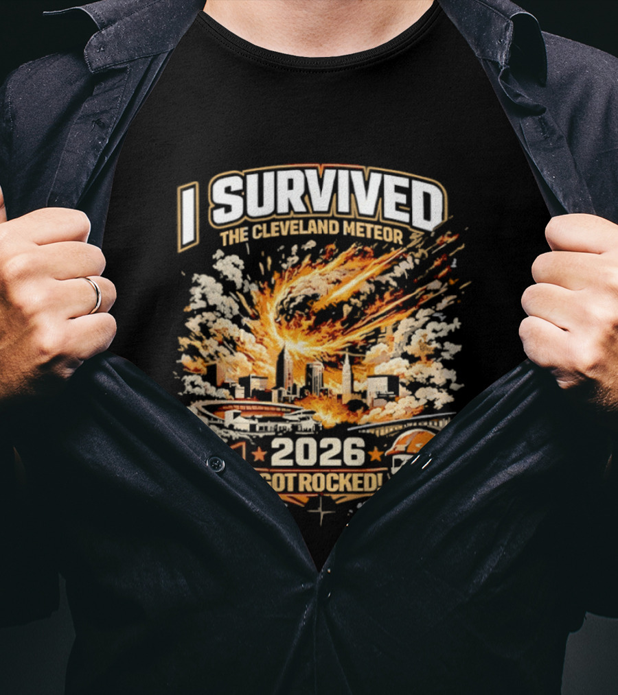 I Survived The Cleveland Meteor 2026 I Got Rocked Explosion Skull Helmet City Skyline T-Shirt