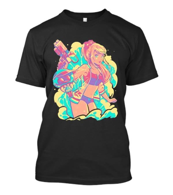 Metroid Water Games Neon Anime Girl With Water Gun And Floating Creature T-Shirt