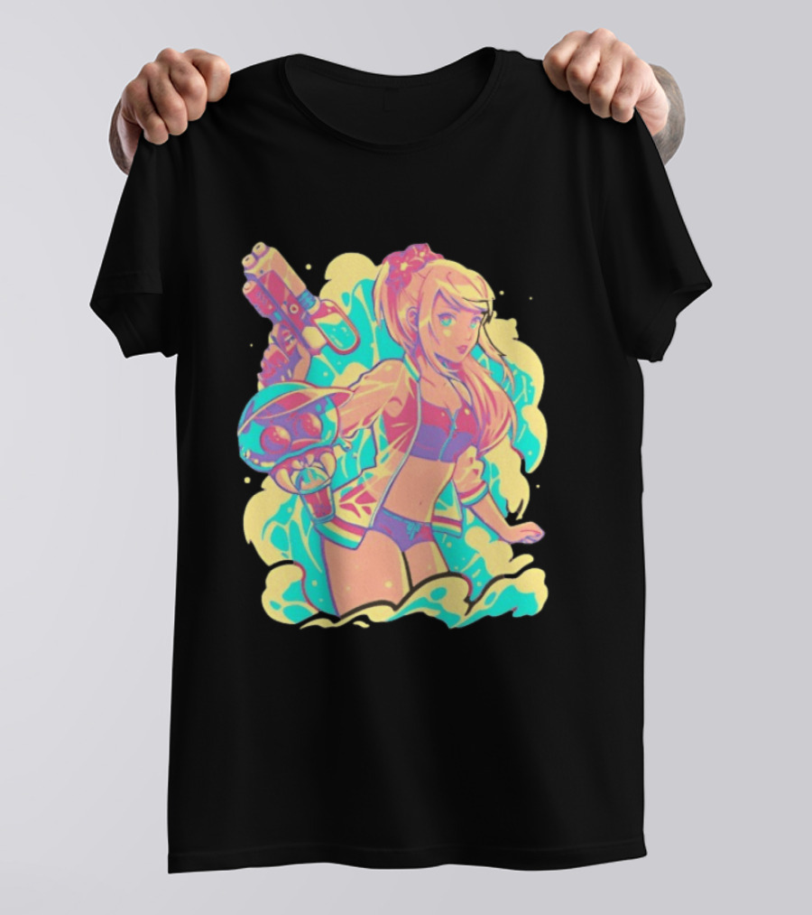 Metroid Water Games Neon Anime Girl With Water Gun And Floating Creature T-Shirt