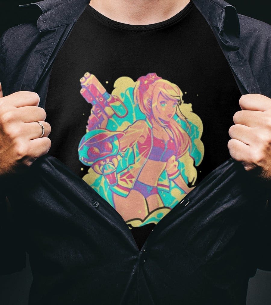 Metroid Water Games Neon Anime Girl With Water Gun And Floating Creature T-Shirt