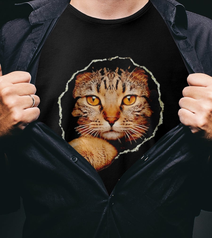 Tabby Cat Golden Eyes Peeking Through Handsome Brown T-Shirt