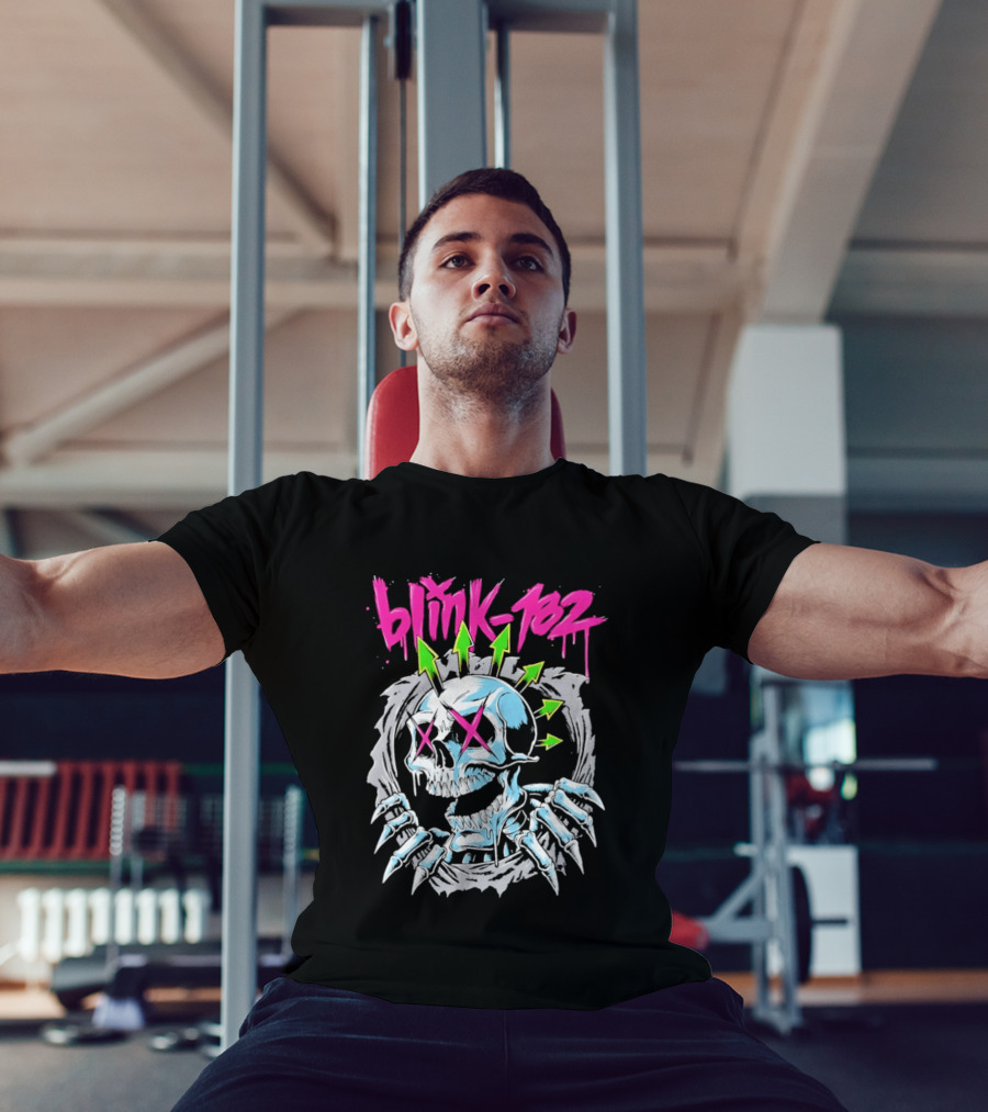 Blink 182 Pink Script With Neon Green Arrows And Punk Skull T-Shirt