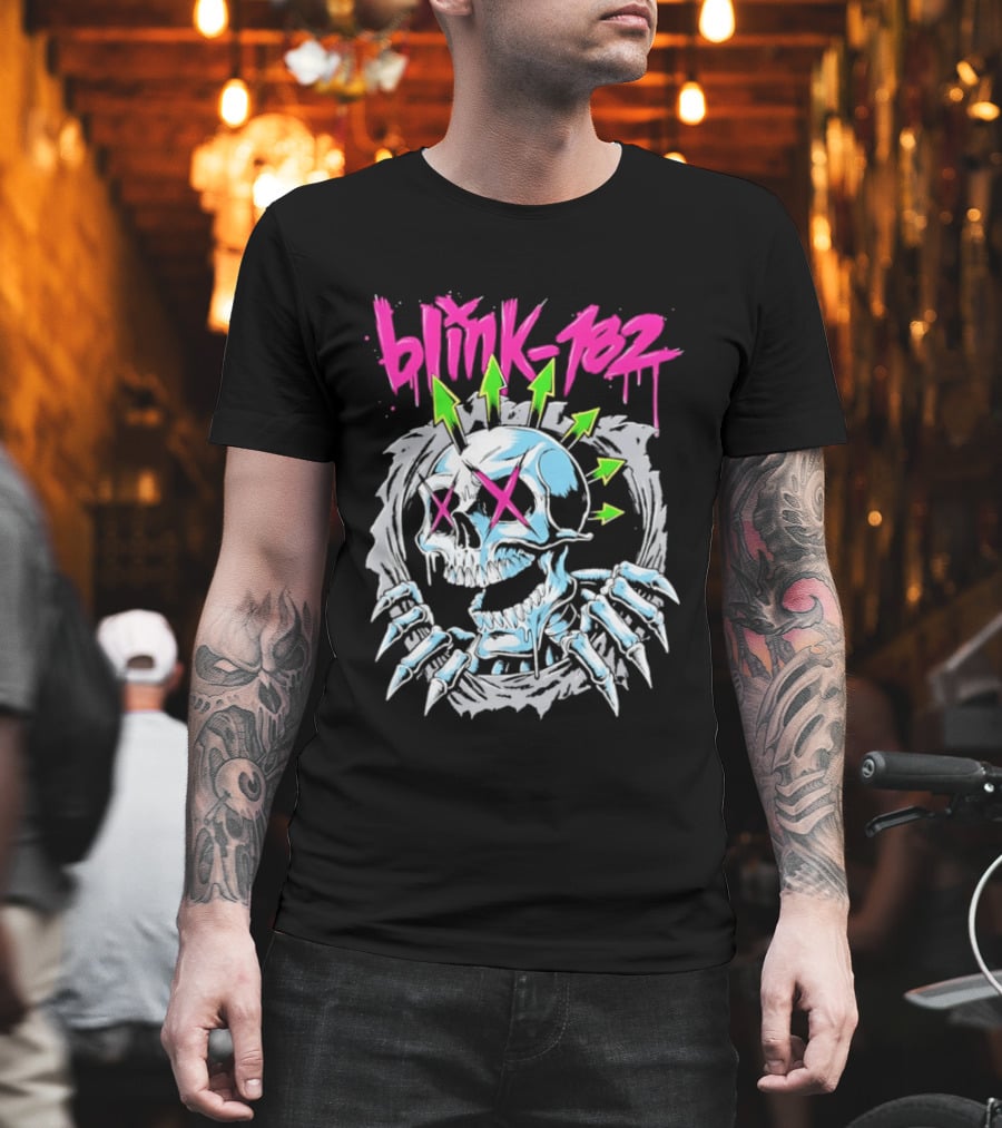 Blink 182 Pink Script With Neon Green Arrows And Punk Skull T-Shirt