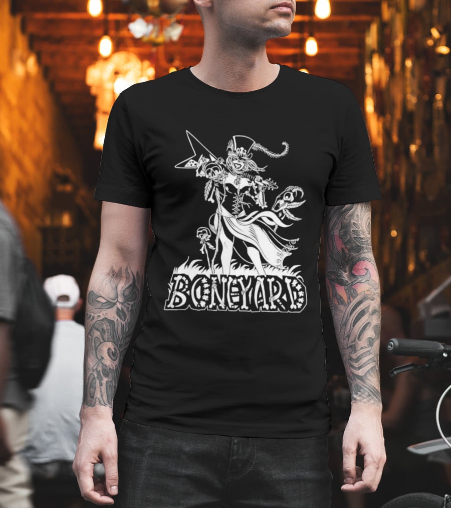 Boneyard Rocker Skeleton Woman Flying V Guitar T-Shirt