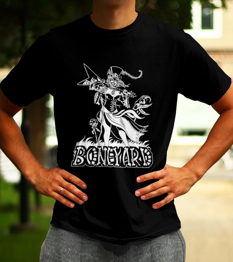 Boneyard Rocker Skeleton Woman Flying V Guitar T-Shirt