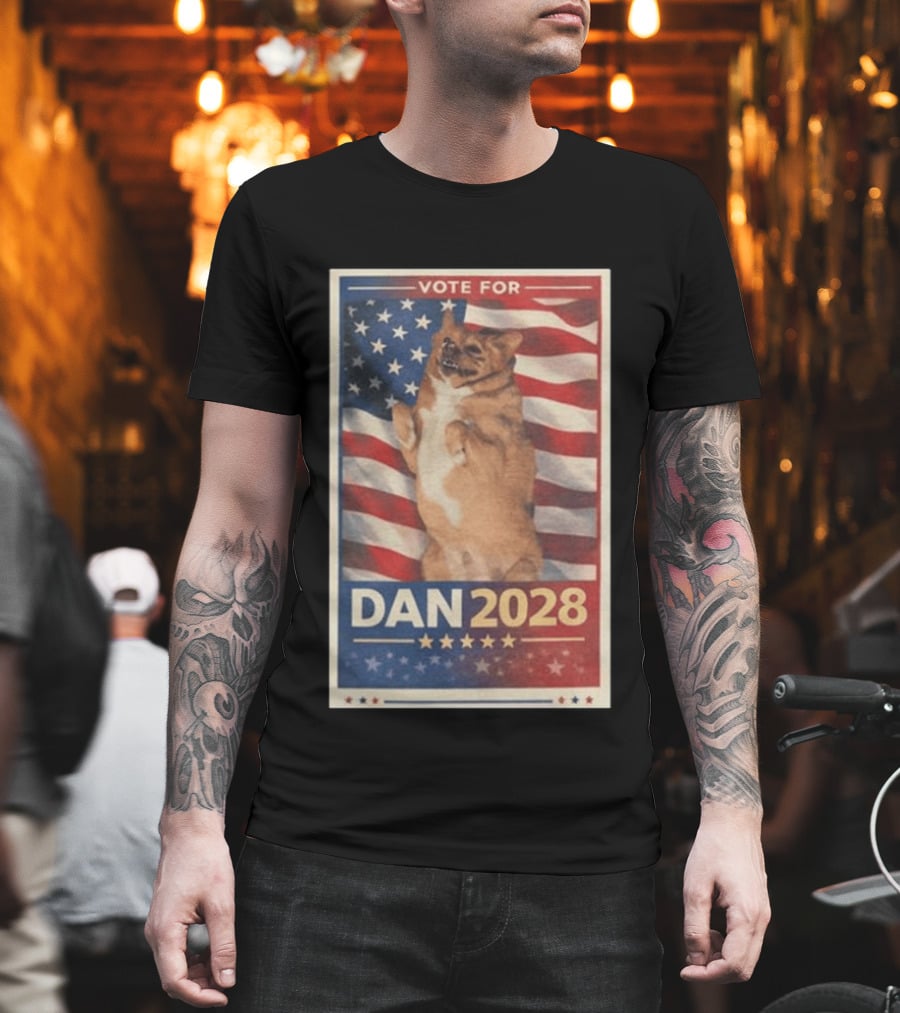 Vote For Dan 2028 American Flag Dog Stars Stripes T-Shirt