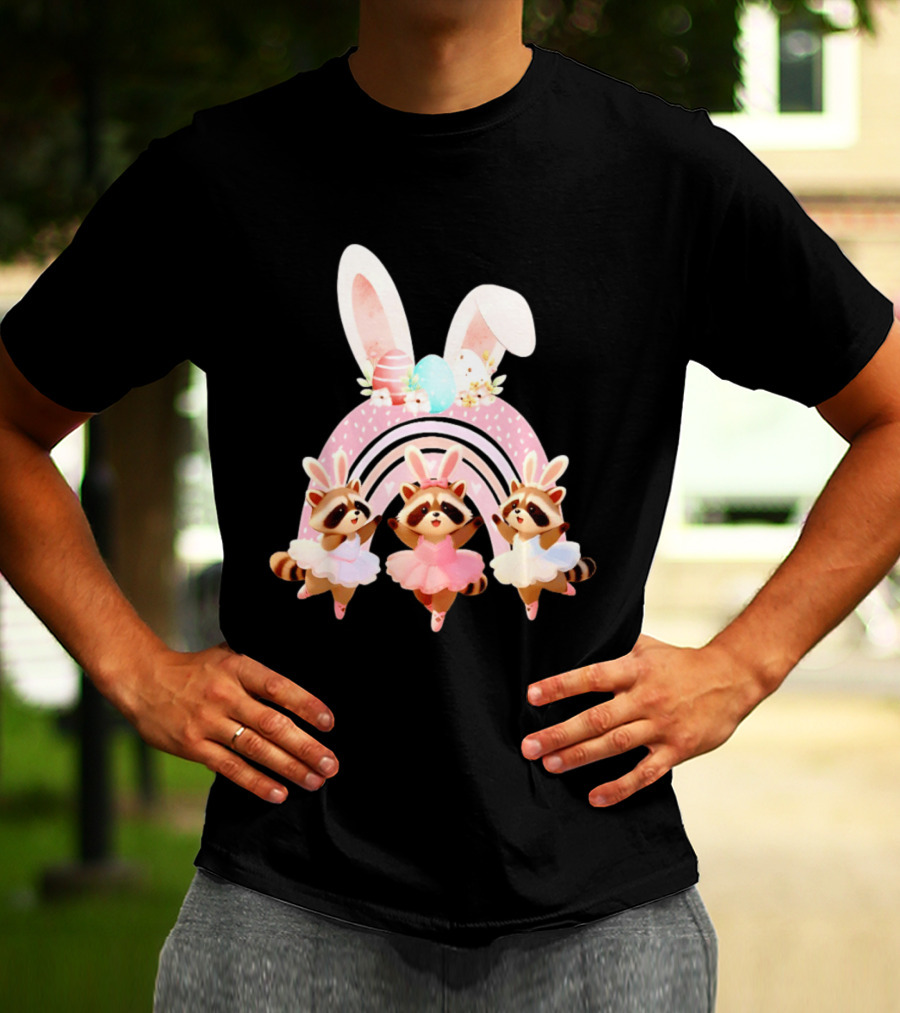 Ballet Dancer Ballerina Raccoons With Easter Bunny Ears And Eggs T-Shirt