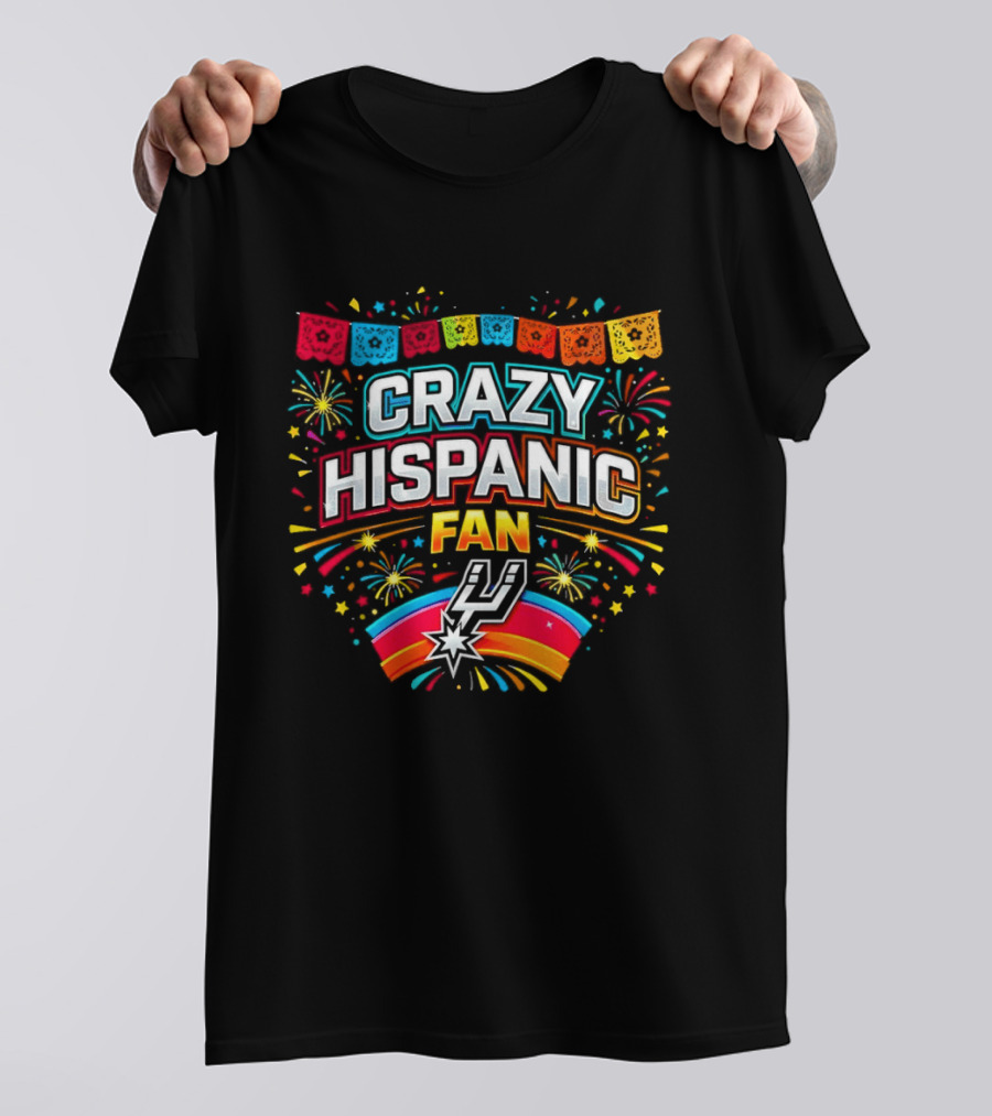 Crazy Hispanic Fan Spurs Colorful Festive Banner With Fireworks T-Shirt