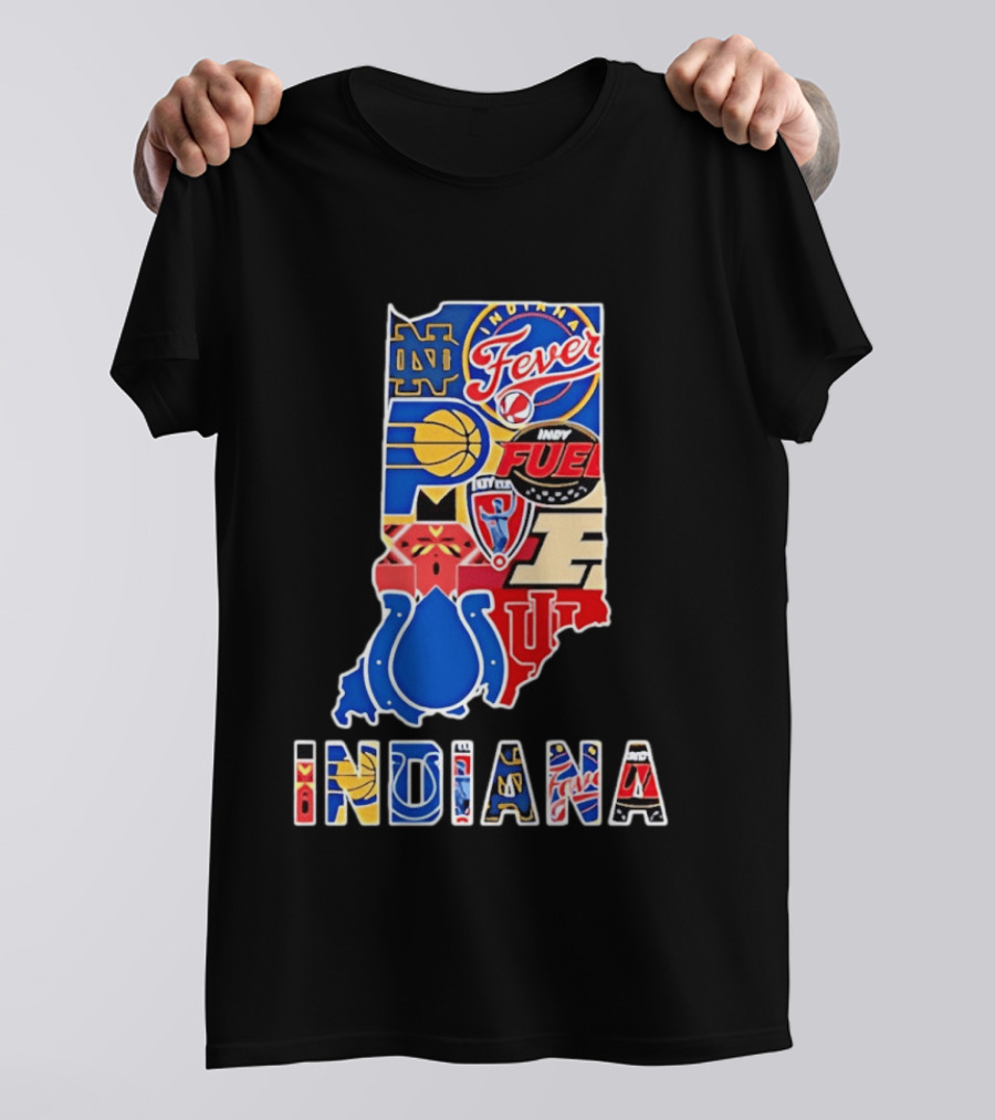 Indiana Sports Team Logos Map Featuring Colts Pacers Fever Hoosiers Fighting Irish Fuel T-Shirt